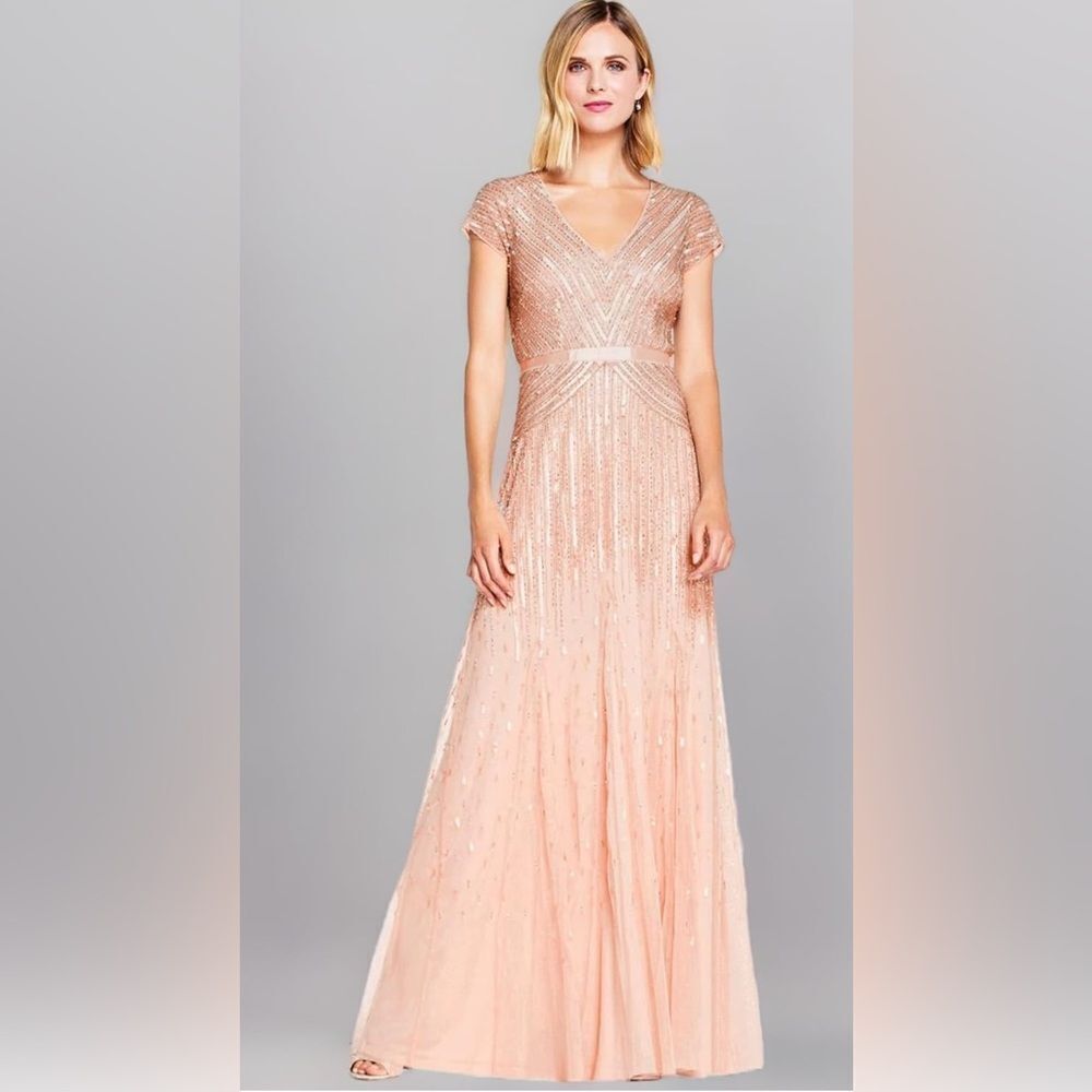 Adrianna Papell Women's Long Beaded V-Neck Dress With Cap Sleeves and Waistband